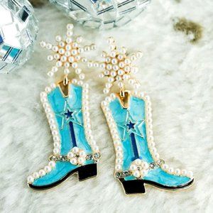 Earrings. Cowgirl Boot. Turquoise, Crystals, Pearls. Pierced. NWT.
